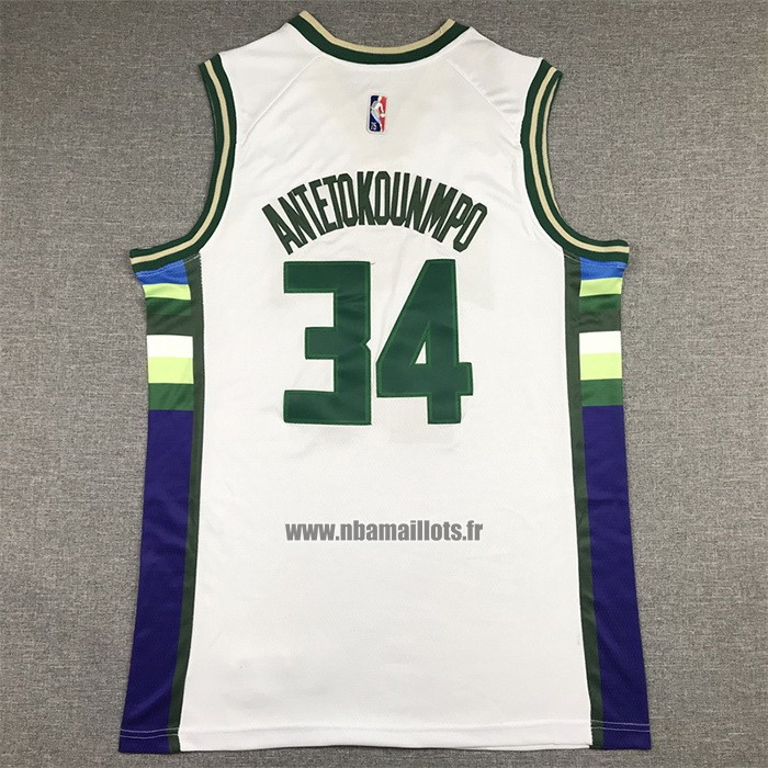 Maillot Milwaukee Bucks Giannis Antetokounmpo NO 34 Ville 2021-22 Blanc